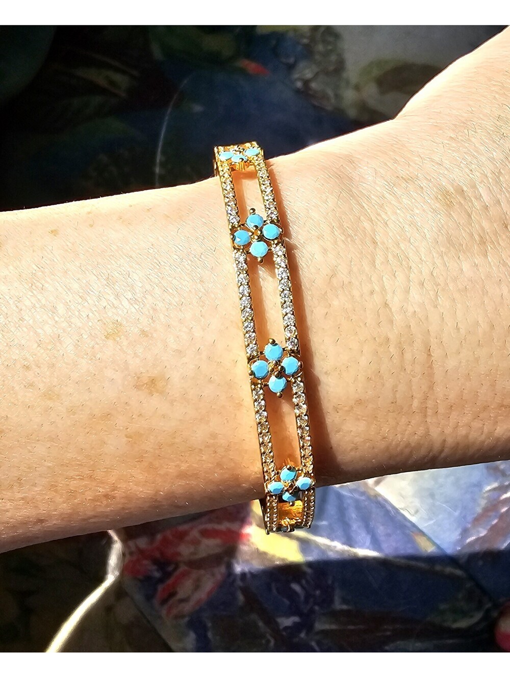 Designer Adina Eden Italian Gold-plated Turquoise Clover Bracelet Hinge Bangle